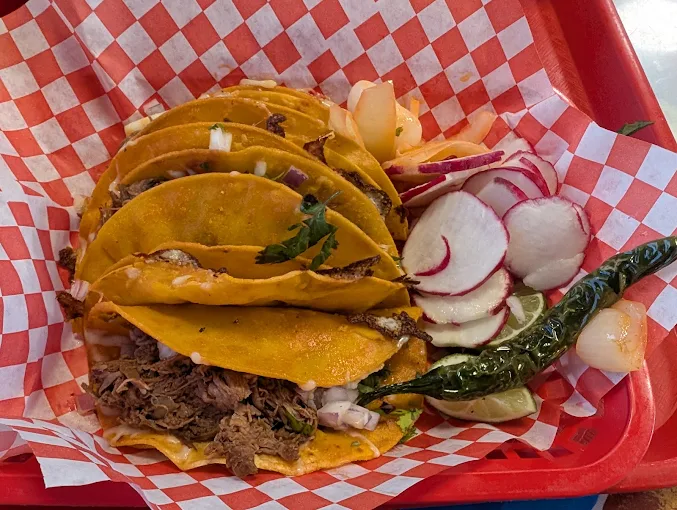 Birria tacos with radishes and grilled chile